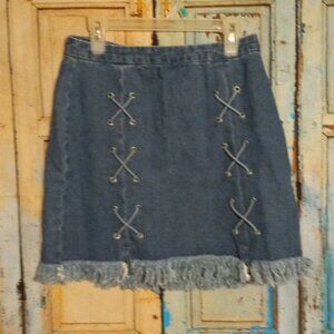 Lace up denim skirt with fringe and back zipper size small